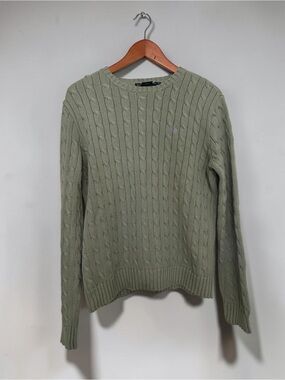Polo Ralph Lauren Sage Green Cable Knit Cotton Crewneck Unisex Sweater Size XL
